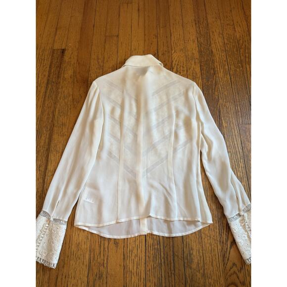 Escada Blouse Womens 34 Ivory 100% Silk Lace Embroidered Button Long Sleeve - Picture 8 of 8
